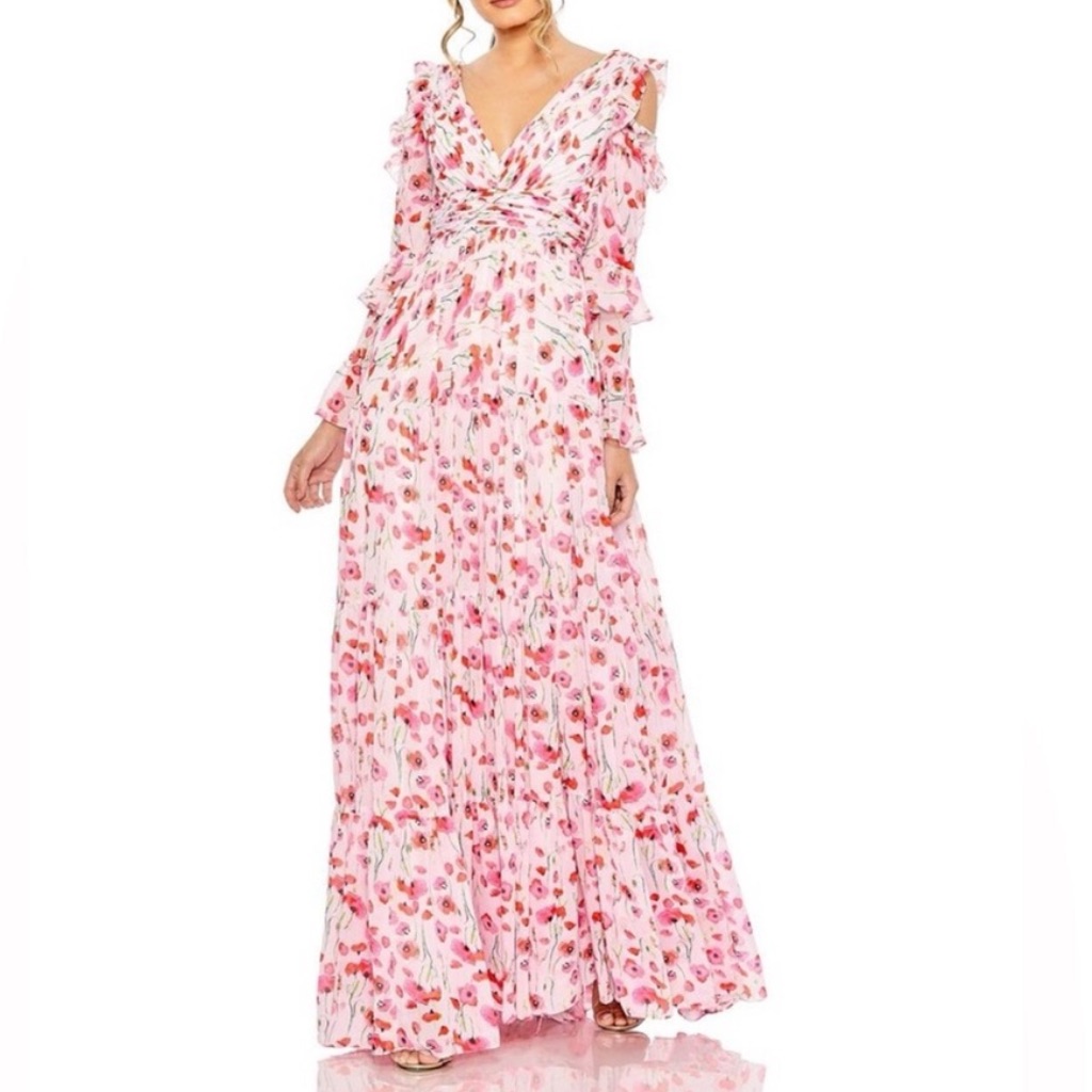 Nwt Mac Duggal Sz 12 Pink Floral Ruffle V-Neck Maxi Dress 55906